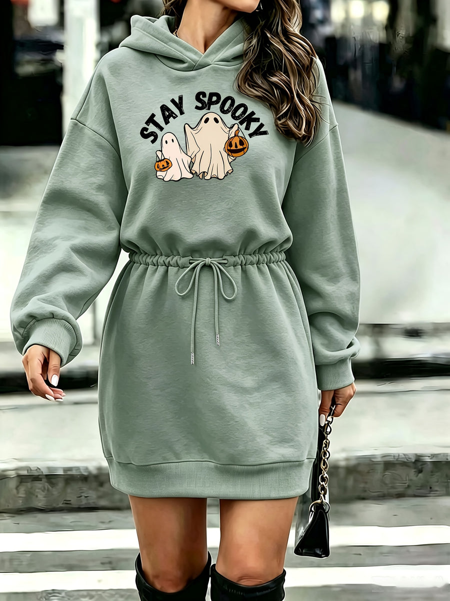 Women'S Tummy Control Drawstring Halloween Western Fashion Printed Hooded Sweatshirt - Light Green