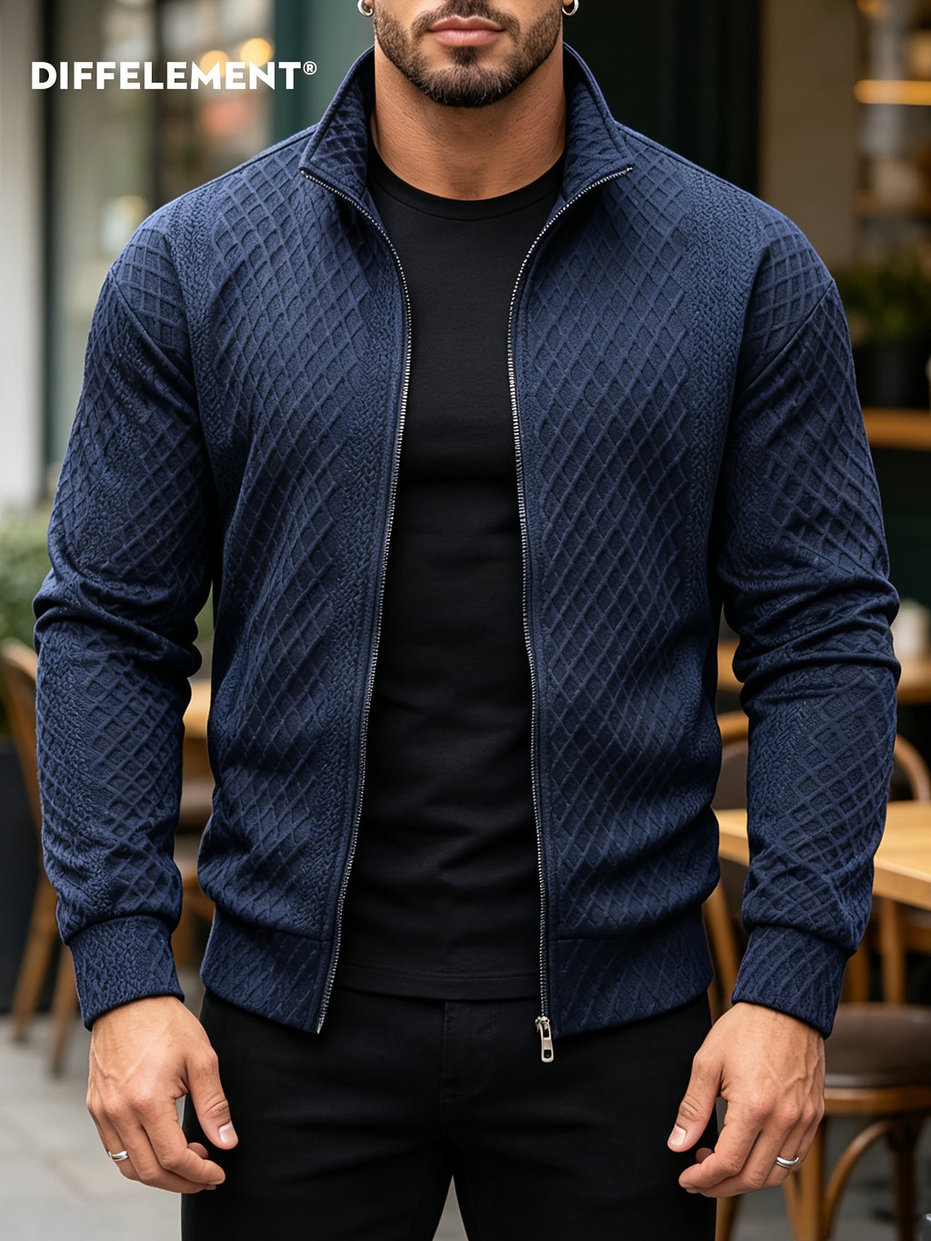 Men's Stand-Up Collar Zip-Up Knit Jacket for Daily Outings, Windproof and Casual, Reversible for Indoor/Outdoor Wear, Diamond Jacquard Breathable Knit Fabric, Slim Fit Short Style with Stand-Up Collar, Suitable for Coffee Shops - Blue