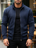 Men's Stand-Up Collar Zip-Up Knit Jacket for Daily Outings, Windproof and Casual, Reversible for Indoor/Outdoor Wear, Diamond Jacquard Breathable Knit Fabric, Slim Fit Short Style with Stand-Up Collar, Suitable for Coffee Shops - Blue