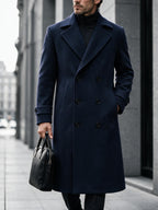 Men'S Long Double-Breasted Coat, Autumn Winter Business Casual Jacket, Large Lapel Black Commuter Trench Coat Men'S Clothing - Navy Color