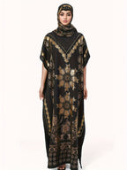 Women's Pattern Robe with Beige Tassel Set, Arabic Luxury Abaya, Headscarf, Elegant Round Neck Dress, Short Sleeve Style - Golden