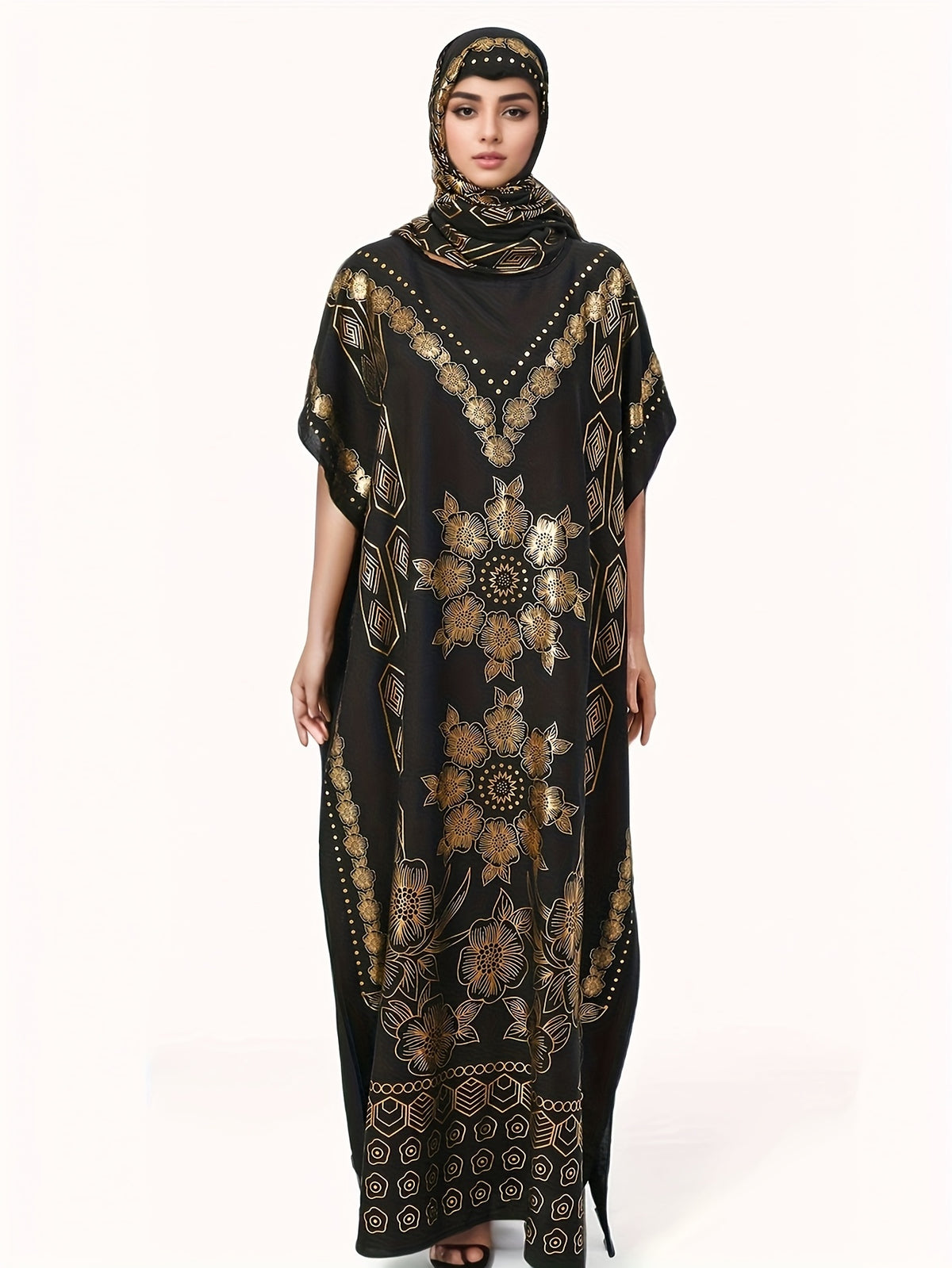 Women's Pattern Robe with Beige Tassel Set, Arabic Luxury Abaya, Headscarf, Elegant Round Neck Dress, Short Sleeve Style - Golden