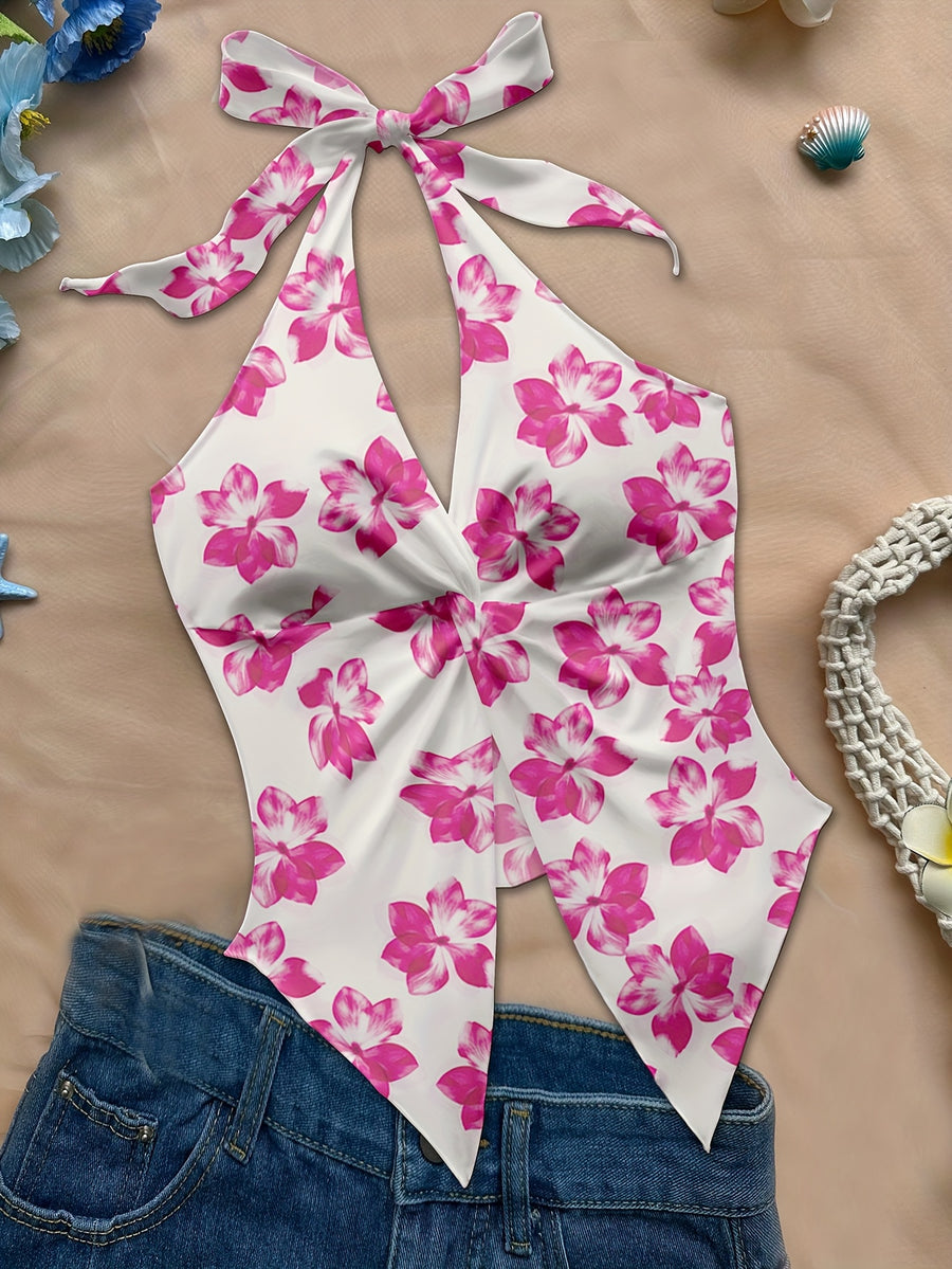 Women'S Spring/Summer Fall Boho Beach Vacation Outfits Marine Floral Leopard Print Trim Bustier Slim Fit Camisole Halter Top, Y2K Vintage Concert Outfit - Dark Pink