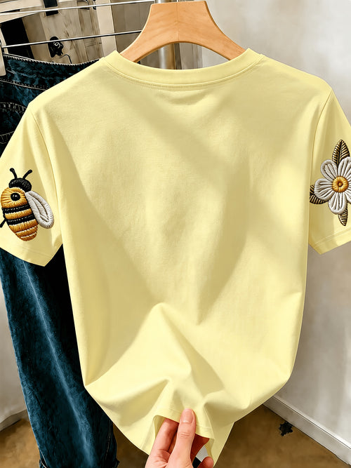 (Simulated ) Western Plus Size Women'S Light Yellow Bee Daisy Imitation Print Short Sleeve, Pastoral Style Casual Comfortable Full Print T-Shirt, And Covering Loose Top, Daily Versatile, Women'S Summer Clothing, Women'S Clothing - Mixed colors