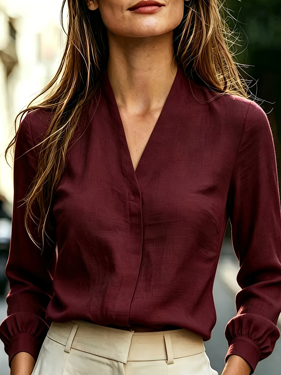 Women'S Solid V-Neck Long Sleeve Commuter Shirt - Burgundy
