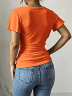 Women'S Spring Summer Casual V-Neck Solid Color Commuter T-Shirt - Orange-Red