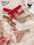 5pcs Sexy Lace Lingerie Set - Sheer Bikini Bottoms with Bow Detail, Semi-Transparent Floral Panties for Romantic Occasions, Hand Washable Solid Color Underwear for Special Events And Daily Wear, Sexy Women'S Plus Size G-String - Mixed colors
