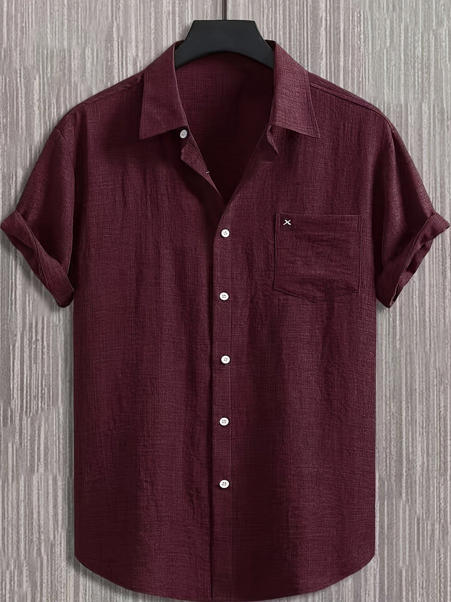Men's Casual Multi-functional Daily Short-Sleeve Shirt with Single Pocket Embroidery, Summer Men's Shirt - Deep Red