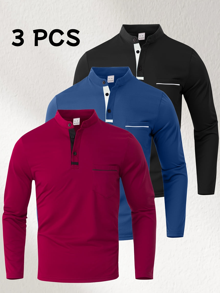 [Josh May OBM] 3pcs Men'S Long Sleeve Henley Shirts, Skin-Friendly Comfortable Fabric, Natural Elasticity Wearing Experience, Slim Casual Fit, Stand Collar Button-Up Design, Contrast Color Patchwork Detail, Chest Pocket Decoration - Wine Red + Sea Blue + Black