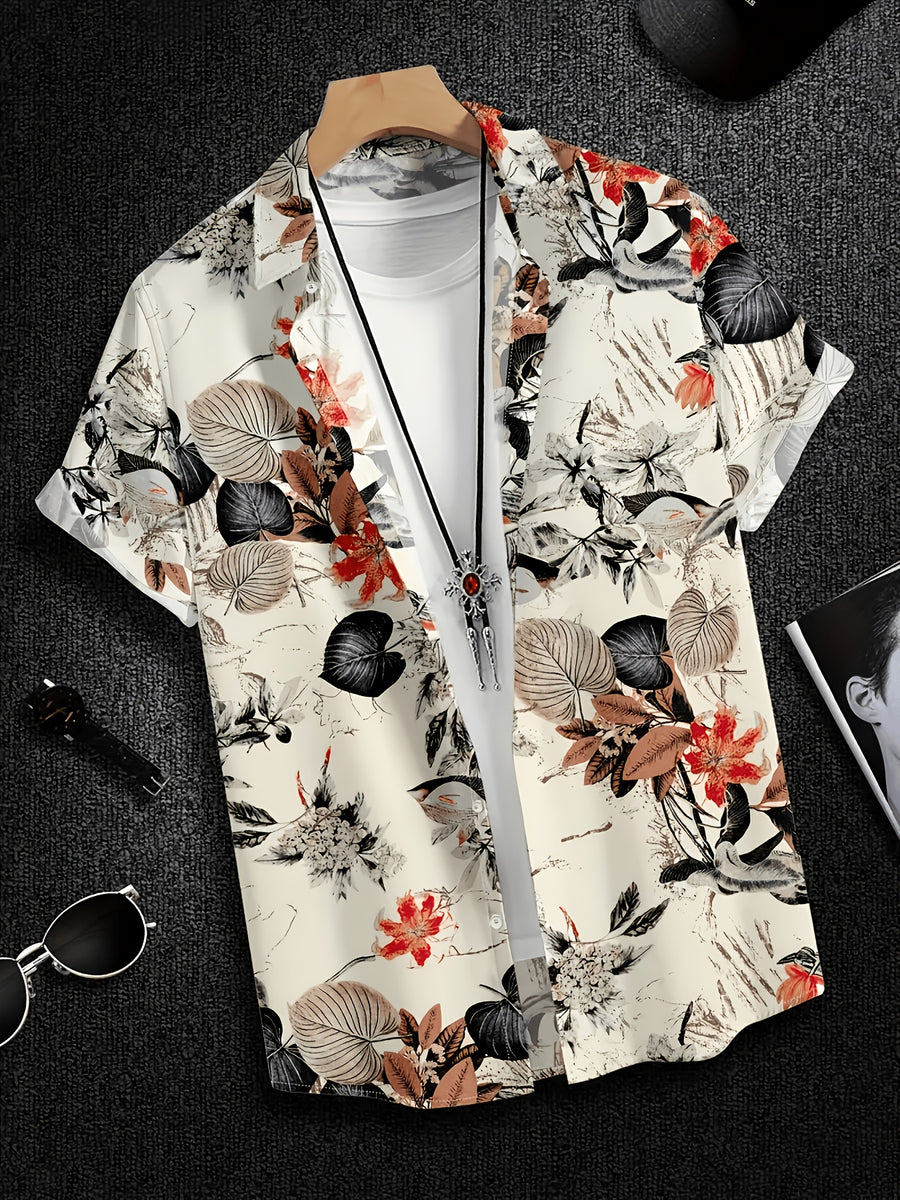 Men's Neutral Vintage Tropical Leaf Floral Short Sleeve Shirt, Cool Wrinkle Resistant Quick Dry Fabric, Lightweight Breathable Casual Top for Summer Coastal, Holiday & Daily Street Wear, Gifts for Men - Off-white