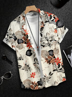 Men's Neutral Vintage Tropical Leaf Floral Short Sleeve Shirt, Cool Wrinkle Resistant Quick Dry Fabric, Lightweight Breathable Casual Top for Summer Coastal, Holiday & Daily Street Wear, Gifts for Men - Off-white