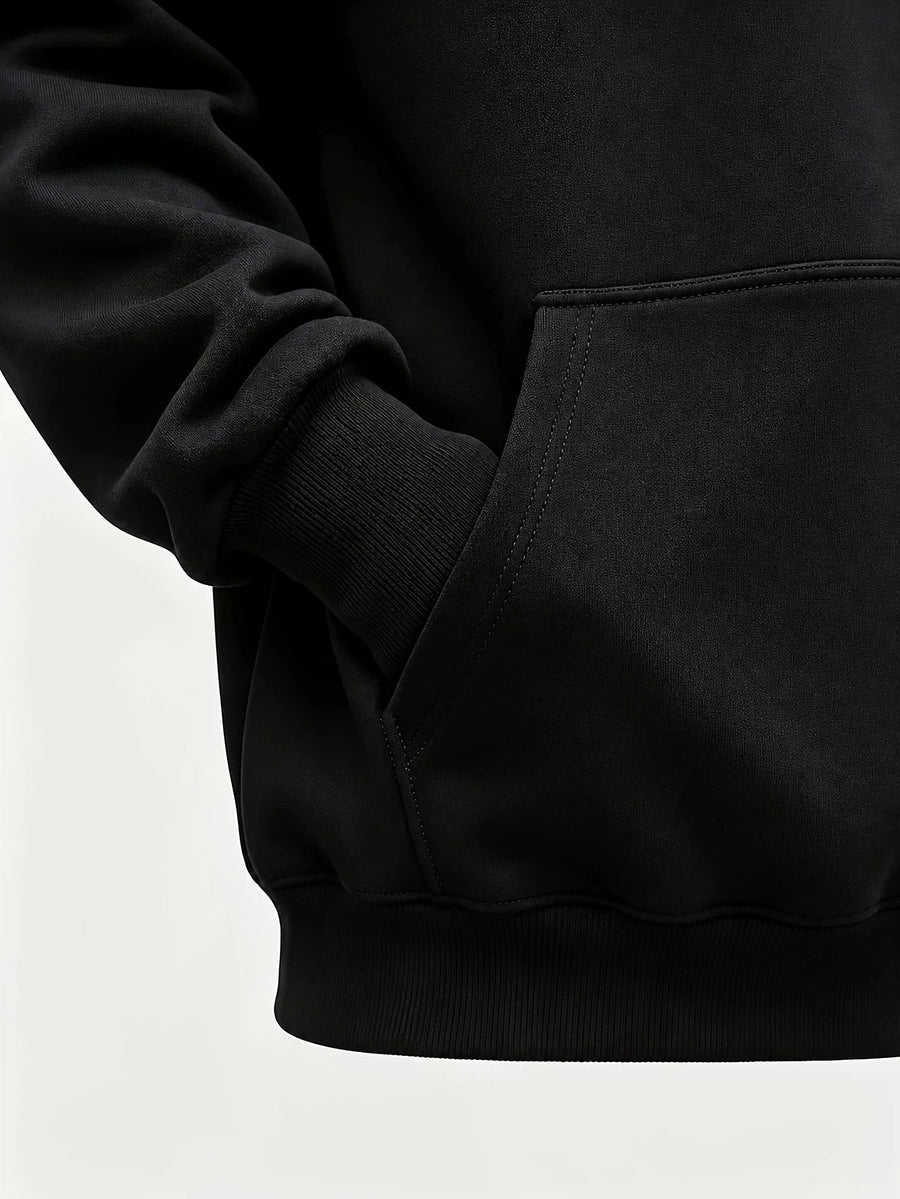 Men'S Hoodie, Casual Daily Wear, Minimalist Line Graphic Print, Pullover Sweatshirt, Streetwear Style, Autumn Winter Outdoor, Red And White Stripe Detail - Black