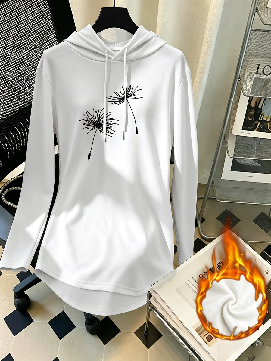 Mid-Length Hooded Sweatshirt for Women, Loose Hip-Covering Dandelion Print Drawstring Pullover Top - White