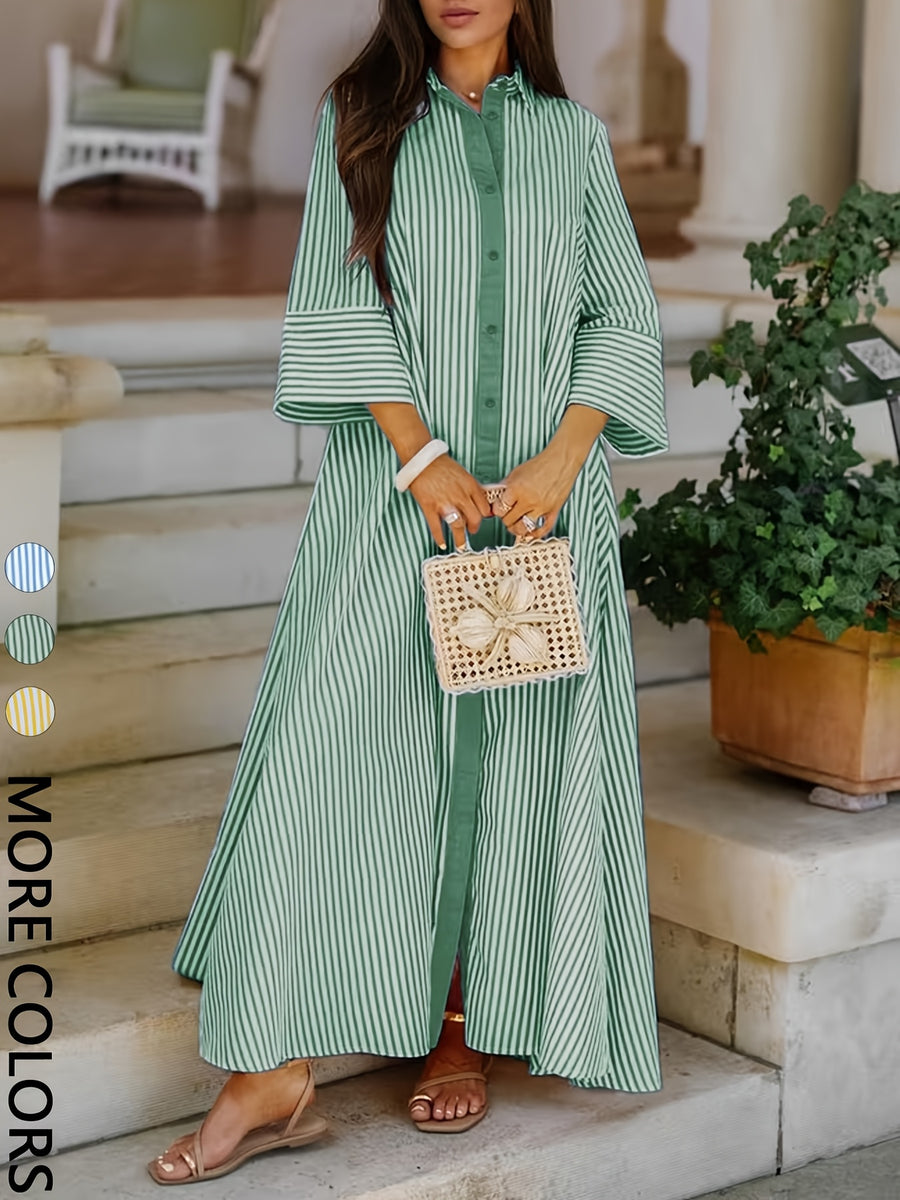 Women's Shirt Long Cape Long Elegant Striped Shirt - Green