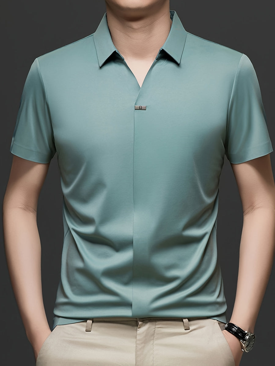 Summer New Men'S Short Sleeve Shirt Outerwear Fashion Trendy All-Match V-Neck Polo Collar - SINBOS - Light Green