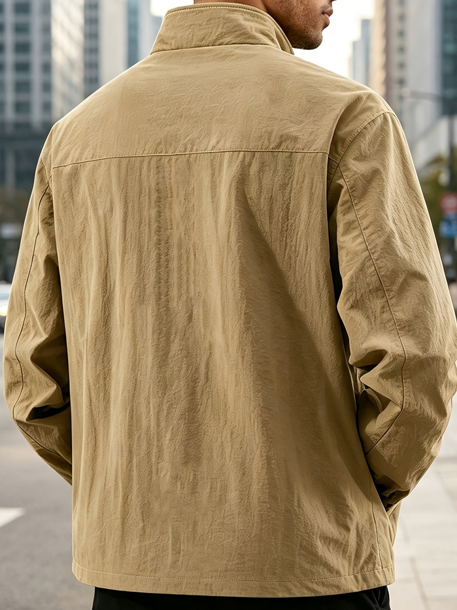 DIFFELEMENT Men'S Stand-Collar Tech Cargo Jacket, Lightweight Breathable Woven Fabric Windproof High Collar Full Zipper Front with Large Pockets And Dual Storage Design, Regular Fit for City Commute, Outdoor Hiking, Daily Layering, Casual Scenarios - Khaki