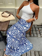 Fashionable Women's Tall Summer Printed Skirt, Vacation Skirt. The Tiered Hem Gently Sways with Every Step, While the High-waist Design Elevates Your Silhouette. Perfect for Beach Strolls or Strolling Through Town, It's a Standout Piece for Any - Blue And White Print