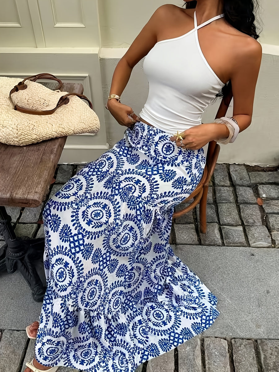 Fashionable Women's Tall Summer Printed Skirt, Vacation Skirt. The Tiered Hem Gently Sways with Every Step, While the High-waist Design Elevates Your Silhouette. Perfect for Beach Strolls or Strolling Through Town, It's a Standout Piece for Any - Blue And White Print