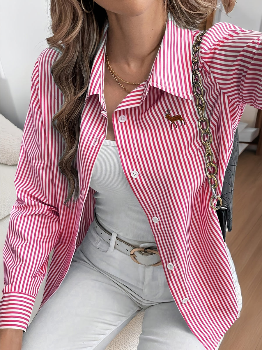 Fashion Casual Embroidered Striped Lapel Long Sleeve Button-Up Shirt Women'S - Red And White Stripes
