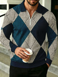 Men'S Lapel Half-Zip Polo Shirt, Geometric Retro Casual Polo Top, Suitable for Spring And Autumn Wear, Gift for Boyfriend - Mixed colors