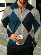 Men'S Lapel Half-Zip Polo Shirt, Geometric Retro Casual Polo Top, Suitable for Spring And Autumn Wear, Gift for Boyfriend - Mixed colors