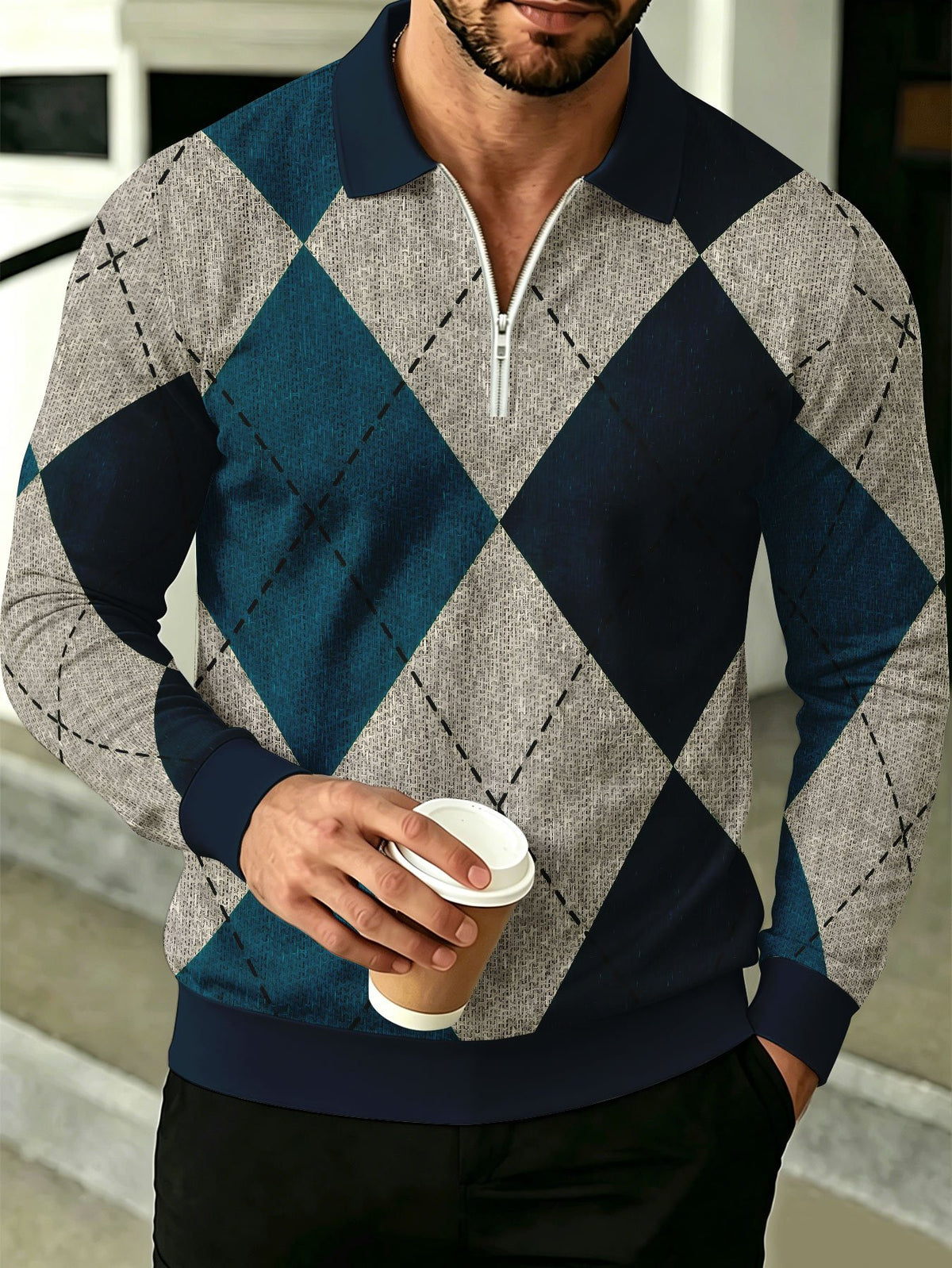 Men'S Lapel Half-Zip Polo Shirt, Geometric Retro Casual Polo Top, Suitable for Spring And Autumn Wear, Gift for Boyfriend - Mixed colors
