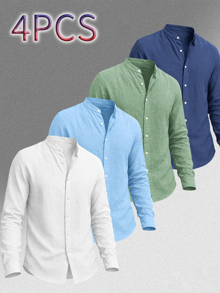 Zhiyu OBM Men's New Stand Collar Solid Color -Look Long Sleeve Shirt 4pcs Set, Simple Stand Collar Design, High-Quality Men's Long Sleeve Button- Shirt for Spring, Autumn, and Winter - Suitable for Outdoor Leisure, Vacation, Travel, and Formal Wear - White + Sky Blue + Green + Navy Blue