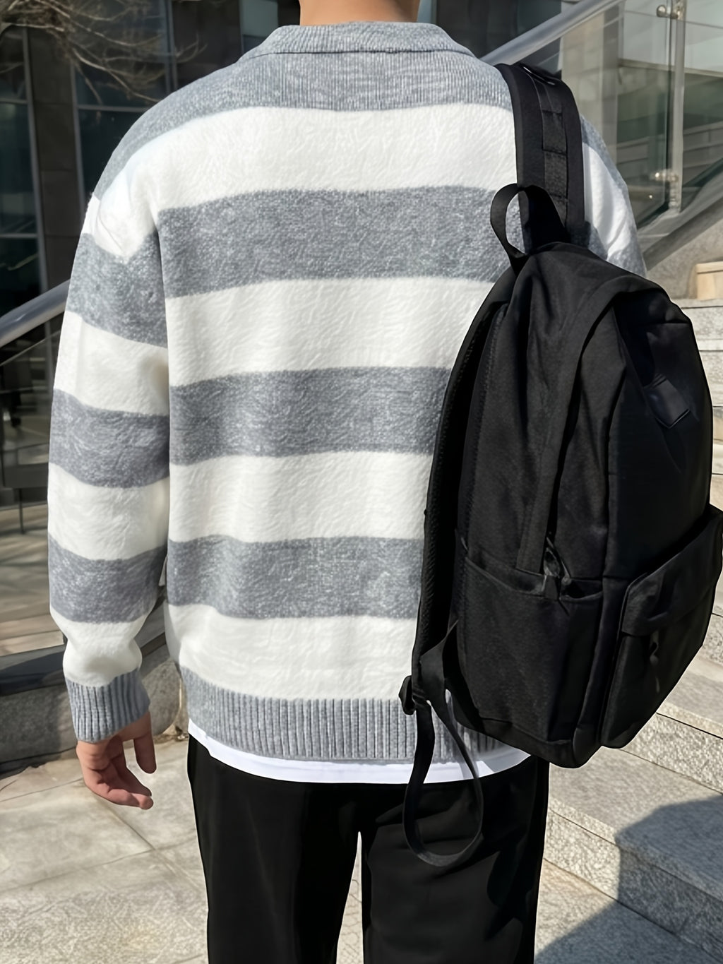 Men'S Classic Striped Round Neck Sweater, Casual Color-Block Long Sleeve Pullover, Loose Soft Warm Top, Retro Knitwear, Suitable for Autumn And Winter - Slate Grey