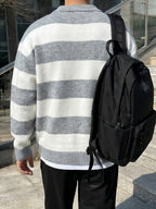Men'S Classic Striped Round Neck Sweater, Casual Color-Block Long Sleeve Pullover, Loose Soft Warm Top, Retro Knitwear, Suitable for Autumn And Winter - Slate Grey