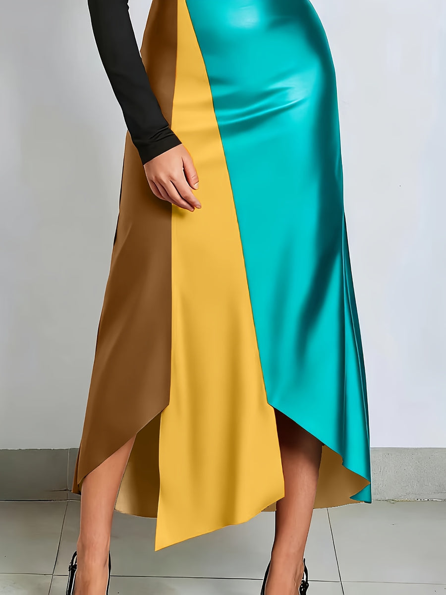 2026 Spring Summer New Arrival Skirt: Irregular Color Block Patchwork, Strong Design Sense, Bodycon Slim Fit Shapes Curves, Minimalist Fashion & Sexy, Y2K Style, Suitable for Casual, & Office Women'S Wear - Brown, yellow and green contrasting colors