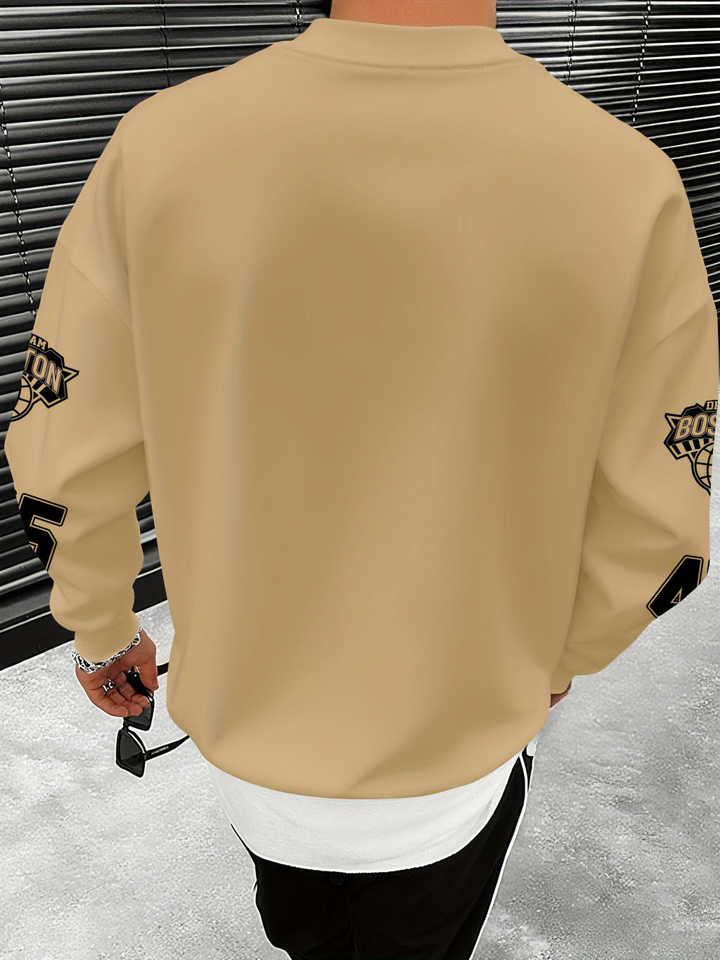 Men'S Fashion Casual "Brooklyn Victory" Letter Print Sweatshirt, Polyester Fabric, Loose Fit, Versatile Men'S Sweatshirt - Apricot