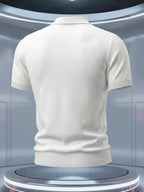 Men's Knitted Short-Sleeve Polo Shirt with Breathable Knit Mesh Eyelet Design, Multi-Color Contrast Striped Jacquard Knit Pattern, American-Style Lapel with Seagull Collar, Stylish and Slimming, Light Luxury Fashion, Designer Style Golf Polo Top - White