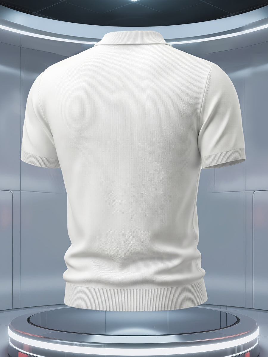 Men's Knitted Short-Sleeve Polo Shirt with Breathable Knit Mesh Eyelet Design, Multi-Color Contrast Striped Jacquard Knit Pattern, American-Style Lapel with Seagull Collar, Stylish and Slimming, Light Luxury Fashion, Designer Style Golf Polo Top - White