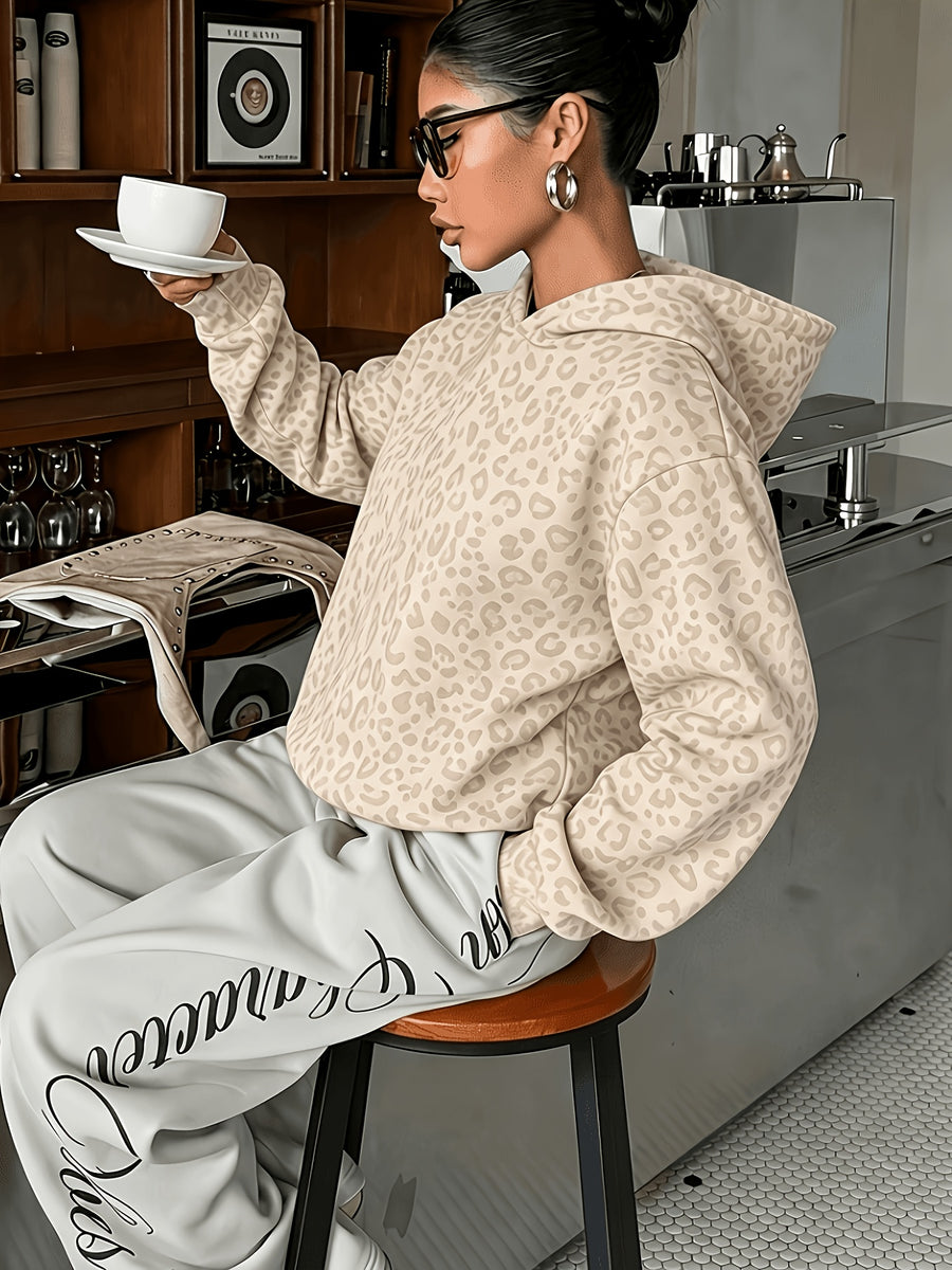 Women's Sweatshirt, Casual and Simple College-style Retro Leopard Sweatshirt[Printed Design-not Textured] - Apricot