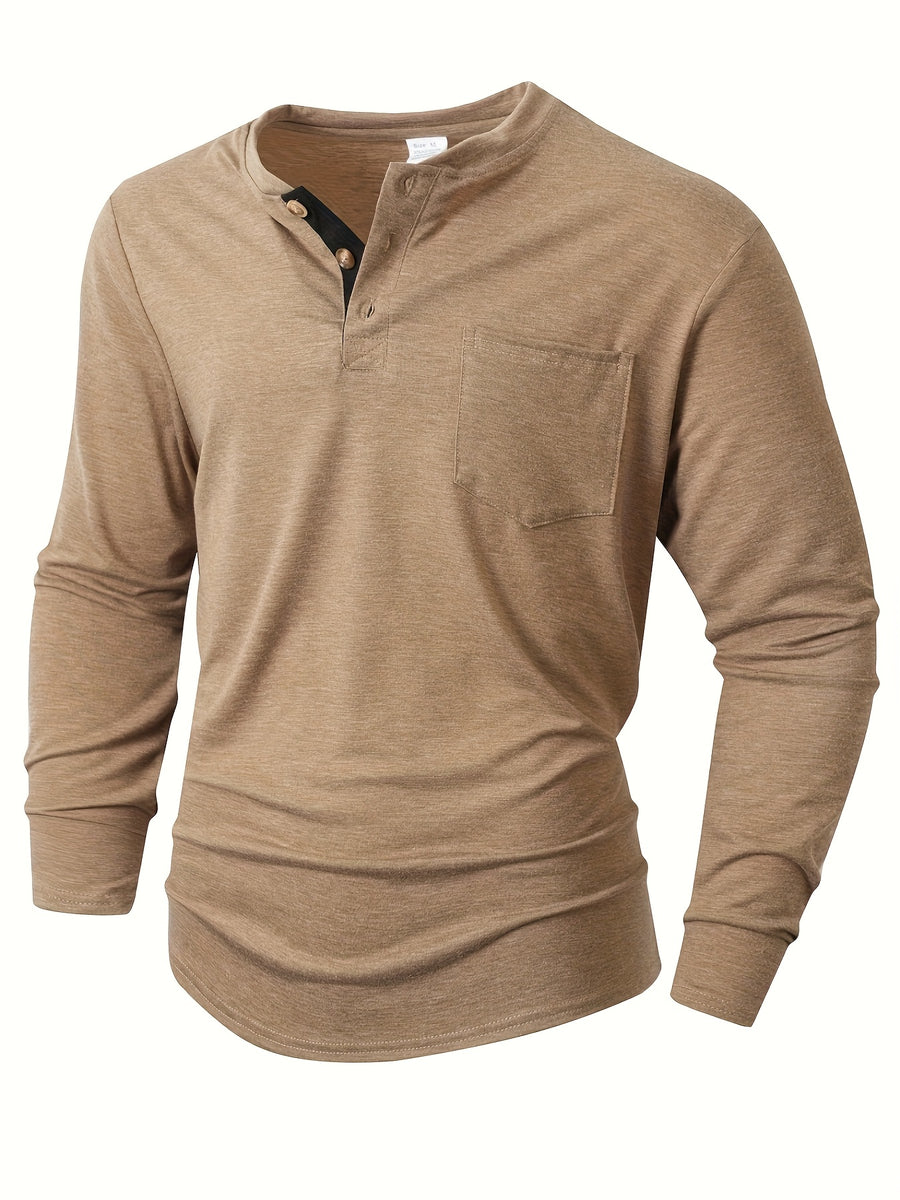 KJ-P026 Plus Size Men'S Summer Henley Long Sleeve Athletic Fitness Multicolor Base Layer T-Shirt - Khaki