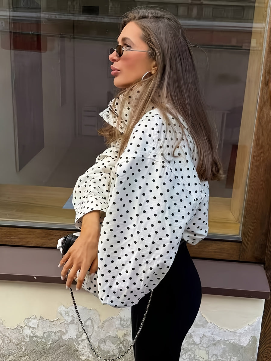 Women's Casual Polka Dot Long Sleeve Loose Fit Jacket, Spring Fashion Stand Collar Zipper Outerwear - White