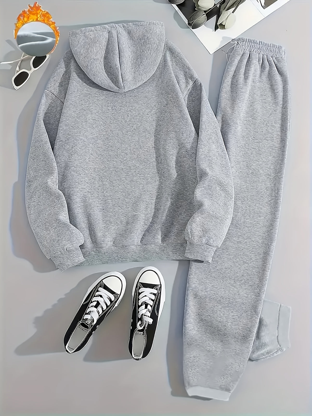 FLS1001WI4 Sweater Plus Velvet European and American Women's Autumn and Winter Women's Personality Print Casual Two-piece Hooded Women's Suit - Grey