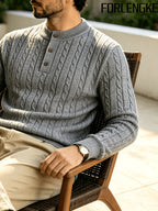 FORLENGKE Men's Stretchable Henley Sweater Button-Front Collar Pullover - Solid Color Cable Knit Sweater Suitable for Work & Gatherings, Winter Warmth, Casual Round Neck Button Detail Knitwear for Young Men, Dry Cleanable - Grey