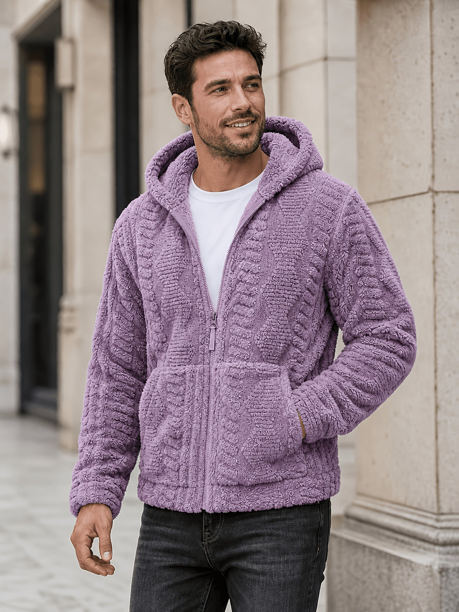 Men'S Plush Fleece Hooded Jacket, Full-Zip Long Sleeve Outerwear with Hand Pockets, Elastic Cuffs And Hem, Solid Color Textured Casual Jacket for Fall/Winter Daily Wear, Travel And Outdoor Activities - Violet