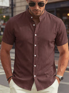 New Summer Men's Thin Stand Collar Casual Shirt, Solid Color Short Sleeve Business Fashion Button-Up Shirt for Muscular Men, Stylish Short Sleeve Design Suitable for Casual and Office Wear - Coffee Color