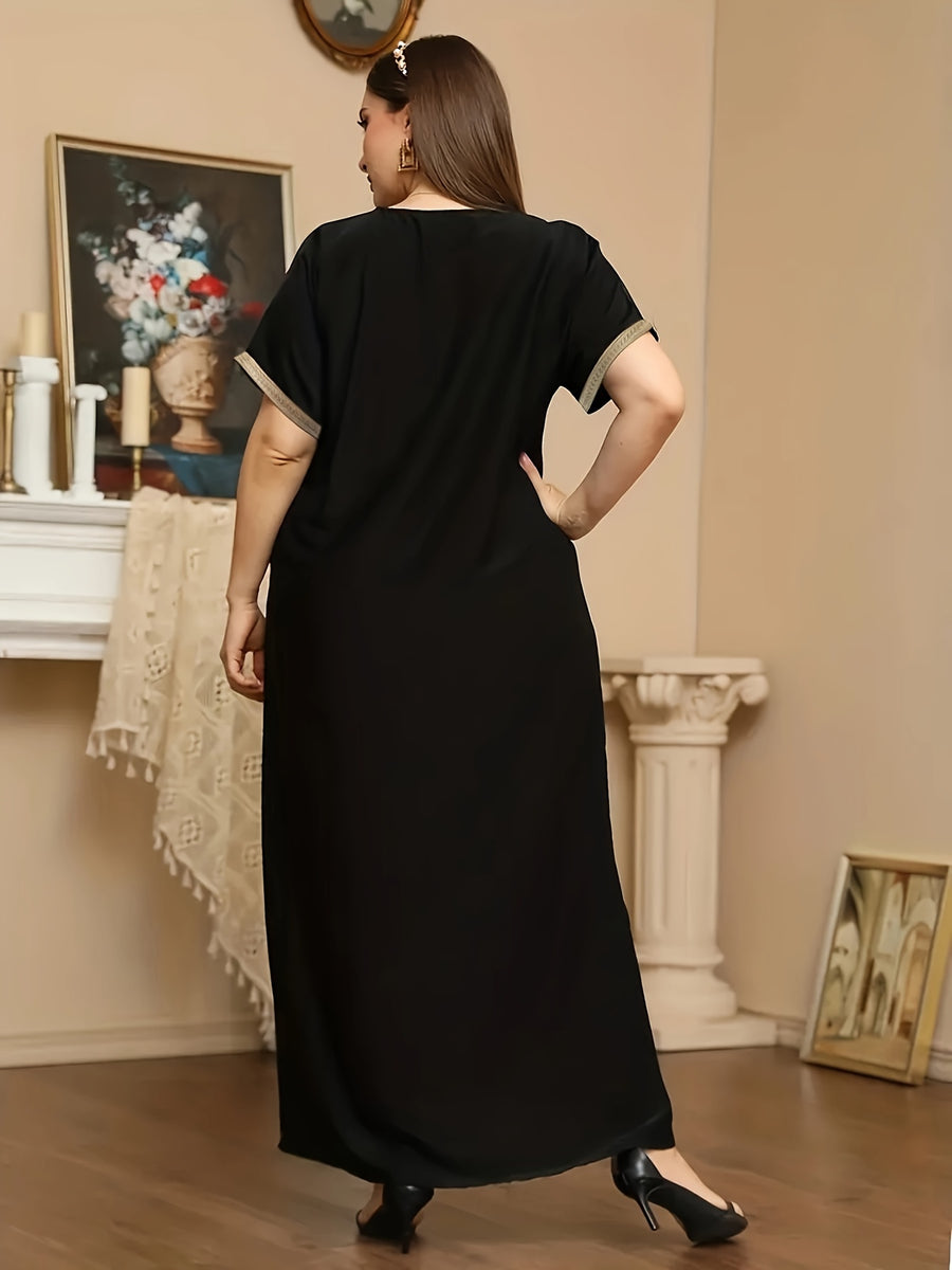 Spring Summer Round Neck Intricate Embroidery Ribbon Patchwork Middle Eastern Women'S Casual Vacation Home Robe - Black