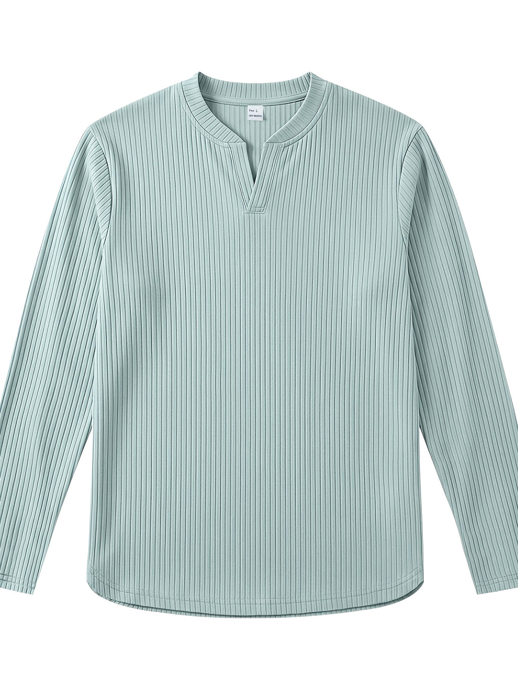 Men's Vertical Pin-Stripe V-Neck Henley Long-Sleeve T-Shirt, Slim Fit Stretch Textured Top, Spring/Autumn Casual Base Layer Men's Apparel - Light Green