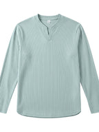 Men's Vertical Pin-Stripe V-Neck Henley Long-Sleeve T-Shirt, Slim Fit Stretch Textured Top, Spring/Autumn Casual Base Layer Men's Apparel - Light Green
