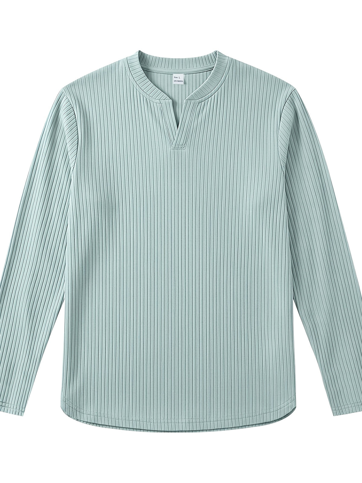 Men's Vertical Pin-Stripe V-Neck Henley Long-Sleeve T-Shirt, Slim Fit Stretch Textured Top, Spring/Autumn Casual Base Layer Men's Apparel - Light Green