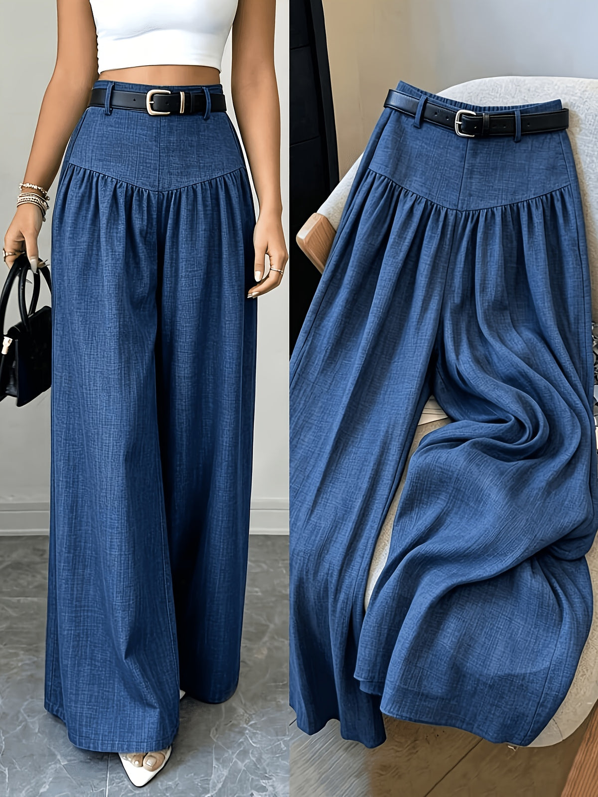 Elegant Flowy Wide Leg Pants - Textured Trousers Suitable for Work & Casual Wear, Solid Color Non-Stretch Wide-Leg Trousers, Machine Washable Year-Round -Compatible for Outfits (No Transparency) - Peacock Blue