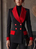 High-end Niche Color-blocked Lapel Double-breasted Long-sleeve Versatile Blazer with Lining and Pockets - Black