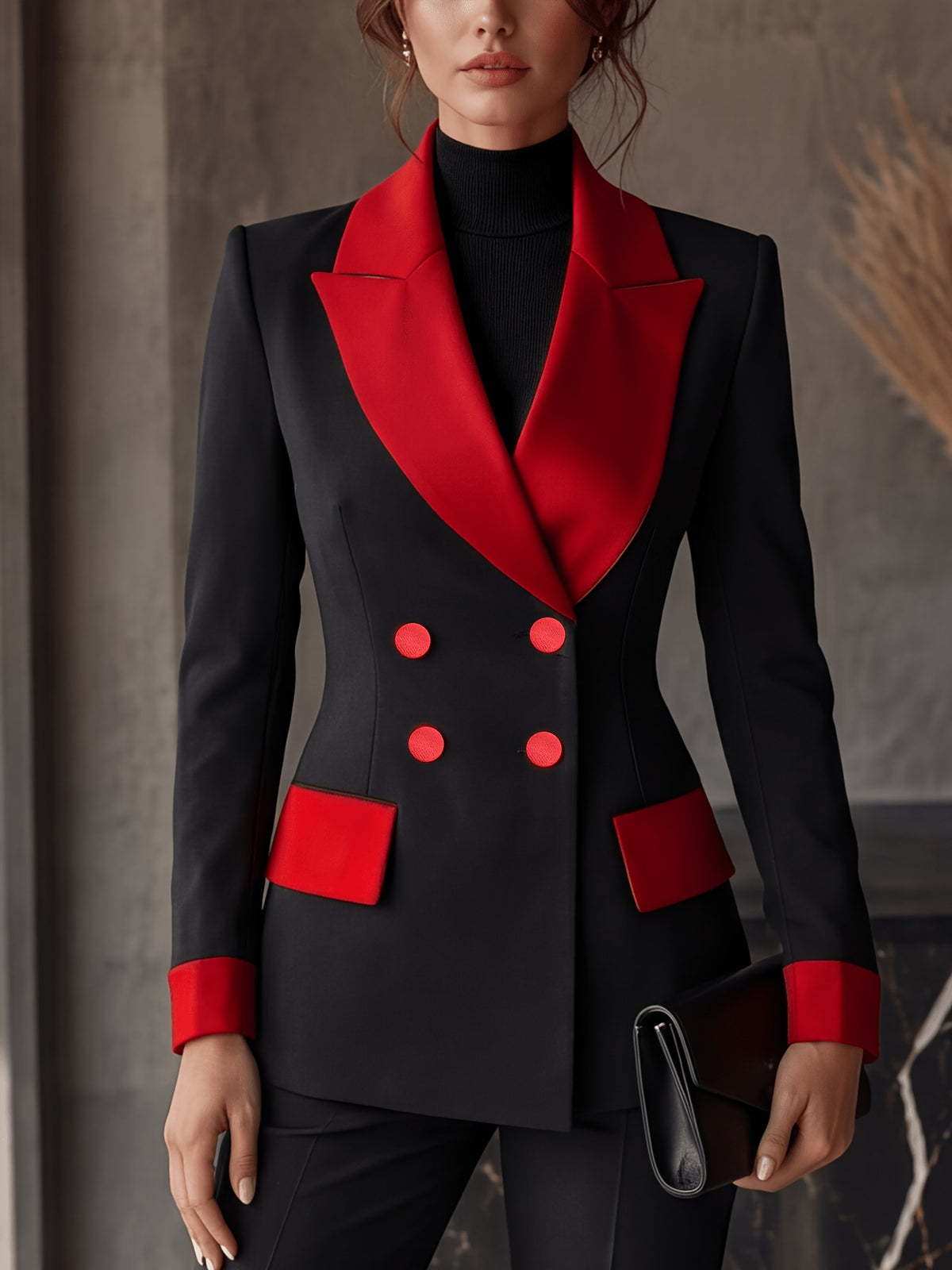 High-end Niche Color-blocked Lapel Double-breasted Long-sleeve Versatile Blazer with Lining and Pockets - Black
