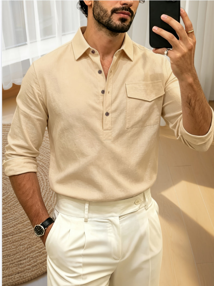 Autumn Men's Polo Shirt, Half-Button Henry Collar Long Sleeve Top with Simple Chest Pocket, Suitable for Business, Office, and Daily Wear - Khaki