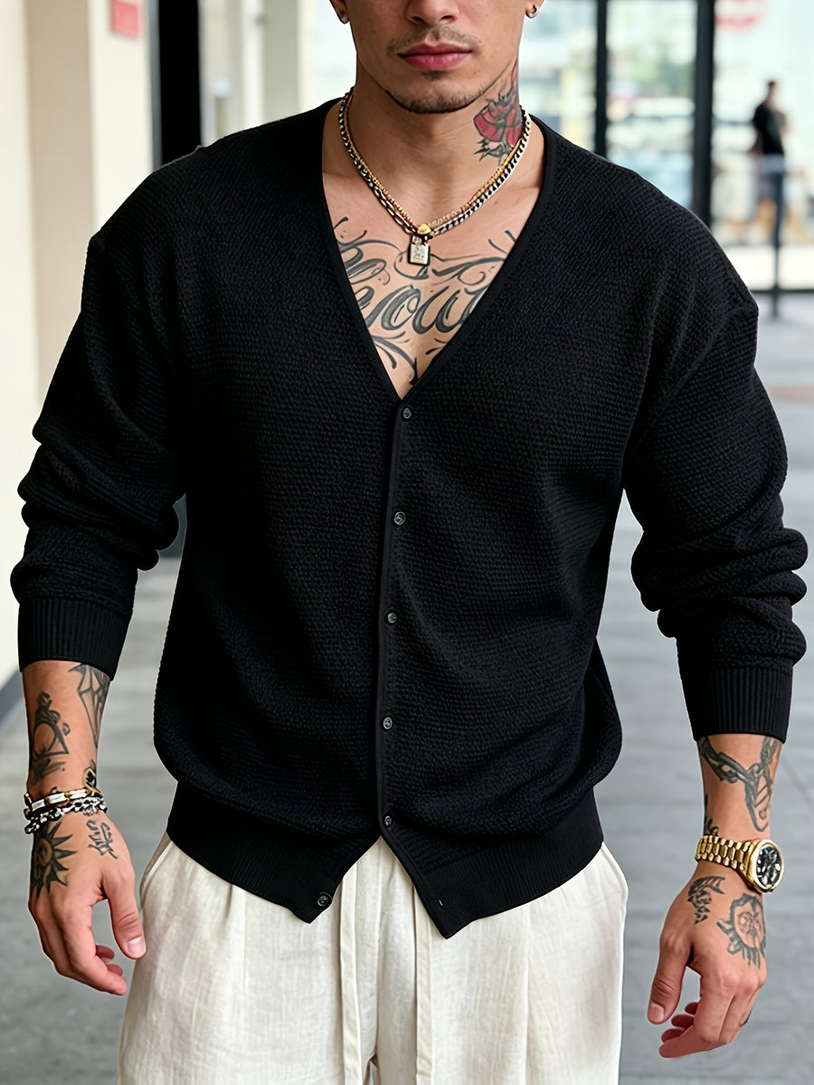 Men's Hollow-Knit V-Neck Cardigan Top, Unisex Summer Outerwear Suitable for Vacation, Fashion, Casual, and Commuting - Black