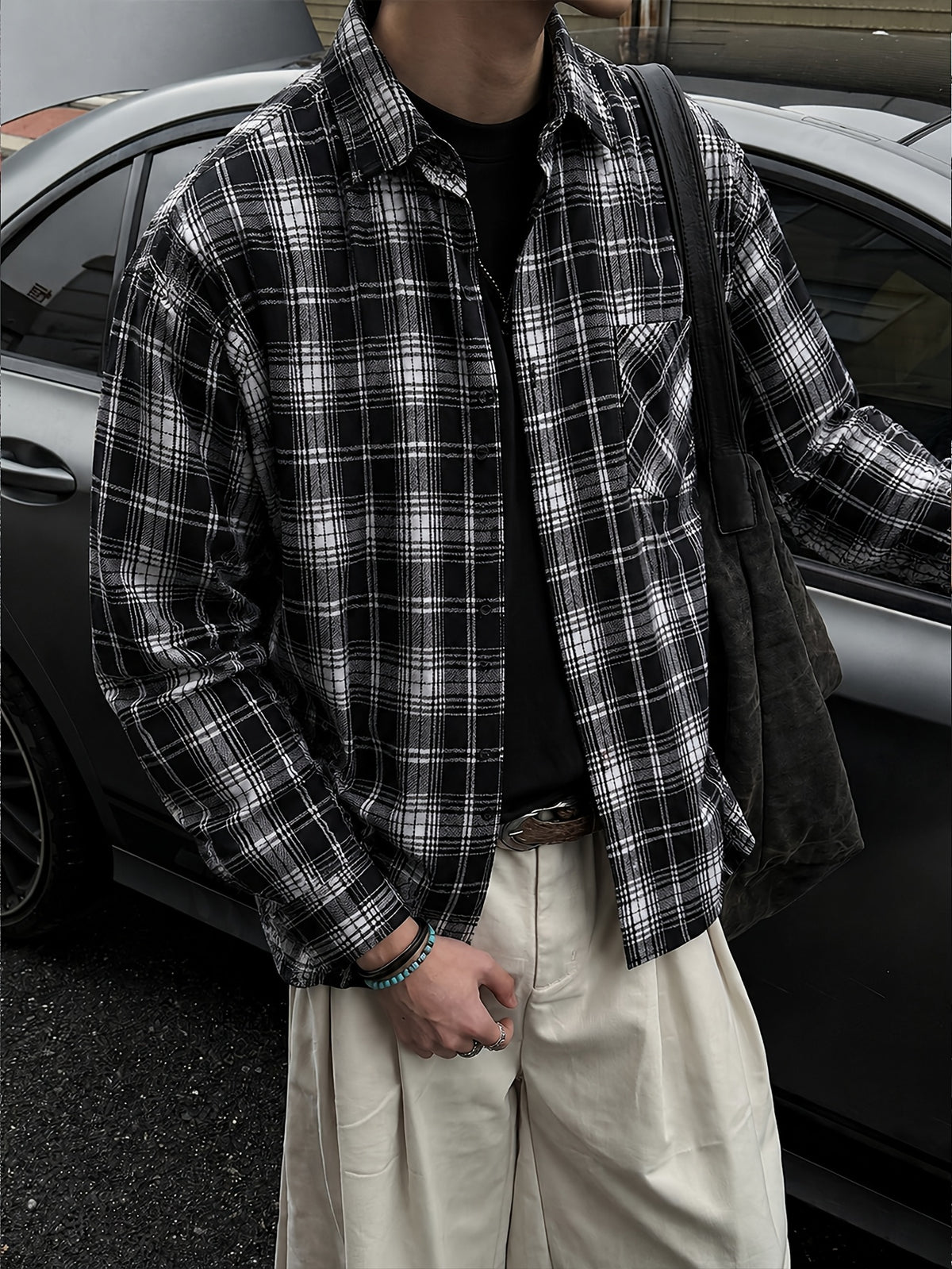 Men'S Vintage Plaid Long Sleeve Shirt, Loose Casual Button-Up Jacket Style Overshirt, Japanese Trendy Brand Lapel Checkered Shirt, Suitable for Outdoor Daily Wear in Spring, Autumn, And Winter - Black